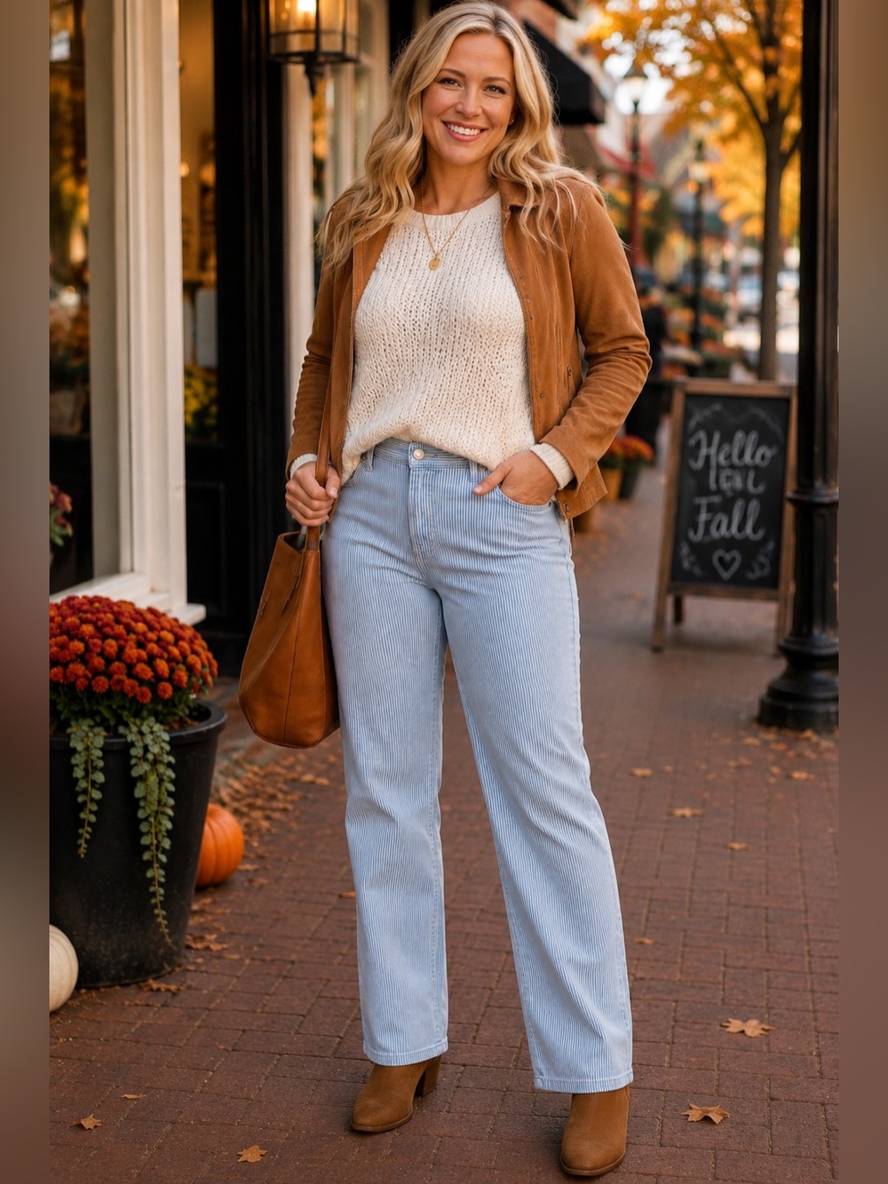 Blue & White Striped Straight Leg Jeans Sz 16 Fall Pants Denim Flattering Style.